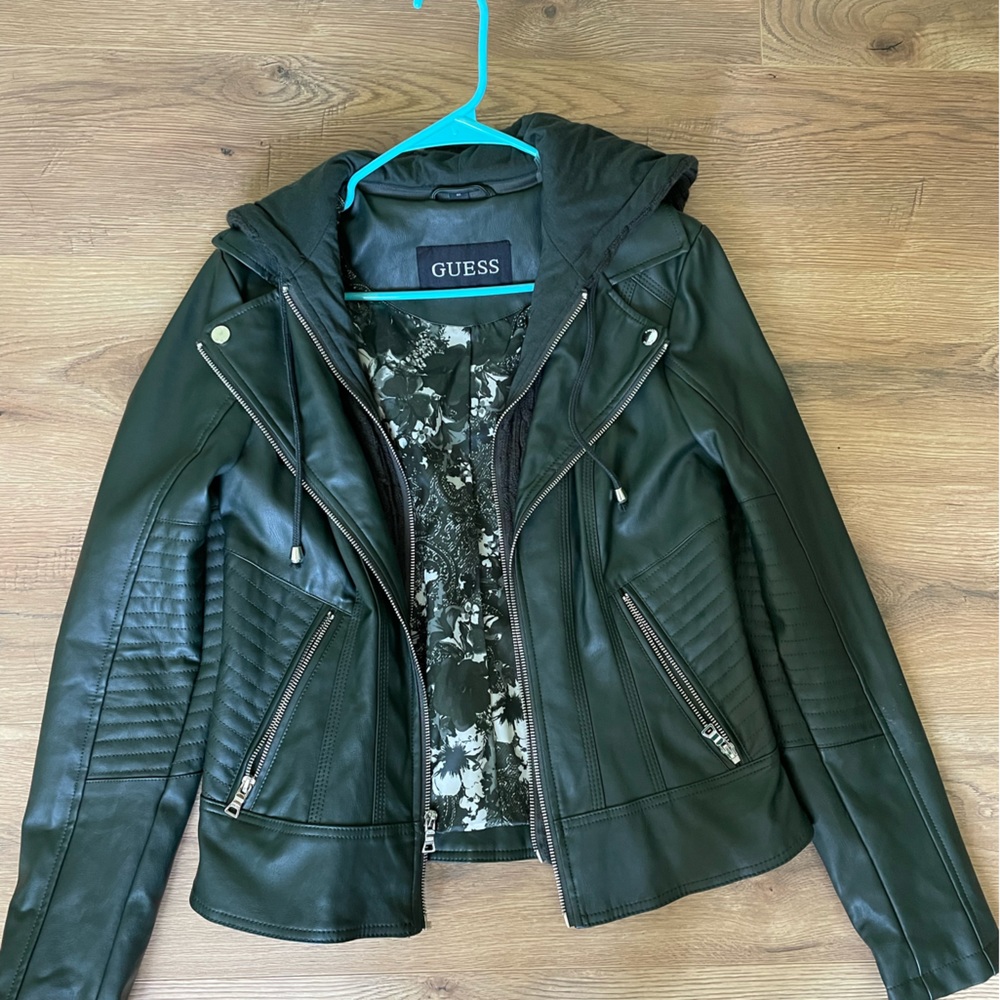 Guess green leather jacket with detachable hood